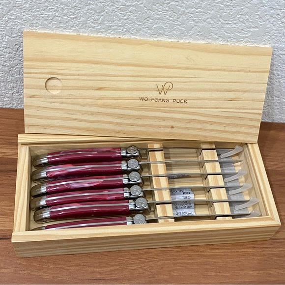 6pcs. WOLFGANG PUCK 4.5” Stainless Steel Steak Knife Set Wood Storage Box Red - Picture 4 of 13